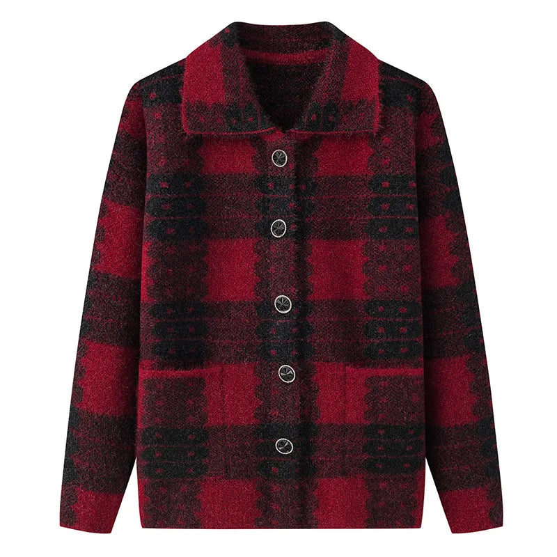 Casual Plaid Herbst Winter Kleidung Mittleren Alters Mutter Pullover Strickwaren Tops Verdicken Oma Warm Woolen Mantel Frauen Strickjacke