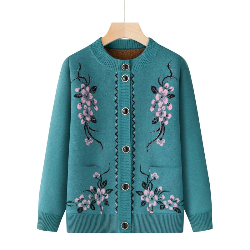 Oma Top Warme Dicke Herbst Winter Strickjacke Für Frauen Neue Casual Pullover Mantel Einreiher Mittleren Alters Mutter Jacke