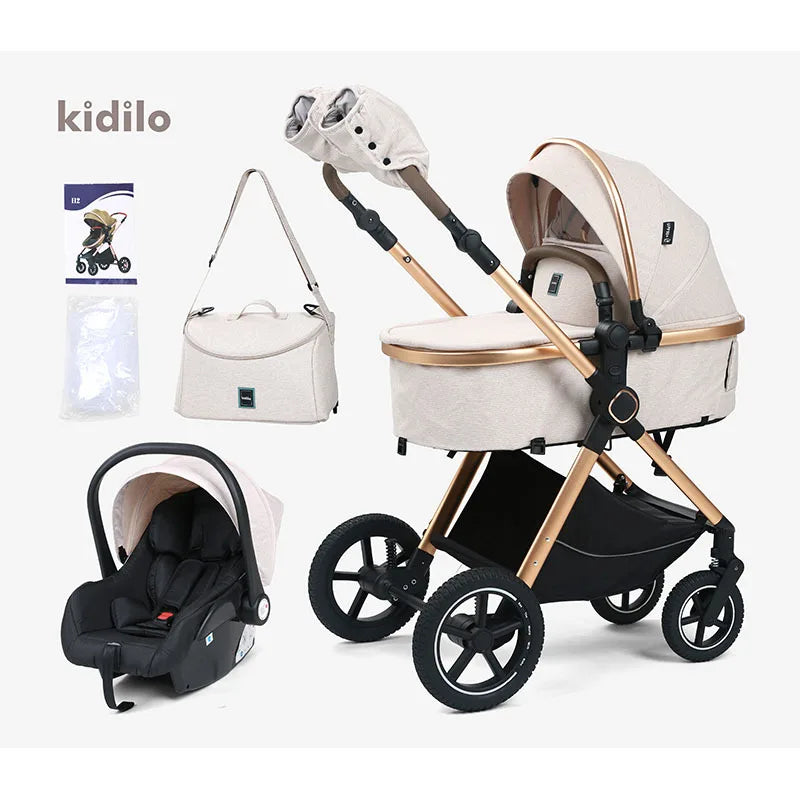 Drei-in-eins-Kinderwagen mit hoher Sicht und Autositz, Mamatasche, Kinderwagen zum Sitzen und Liegen, tragbarer Kinderwagen