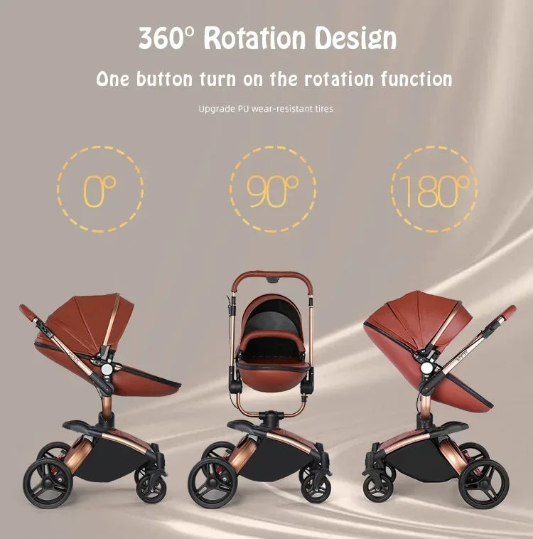 Kinderwagen 3in1 mit abnehmbarem Korb im Autositz. Hochformatige Eierschale aus PU-Leder, Babywagen, Luxuswagen für Babyautos