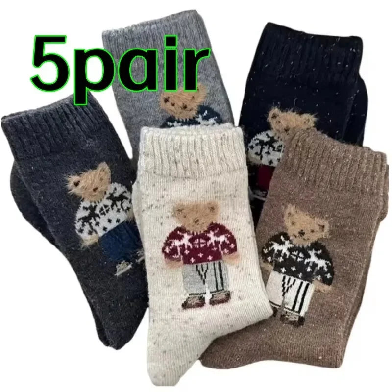 2/3/5 Paar Mädchensocken mit schönen Cartoon Bears, Autumn-Winter thick, warm Wollstocken