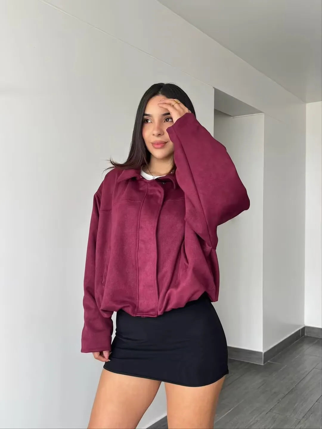 YENKYE Neue 2025 Damen Wildleder-Textur-Jacke Langarm Reverskragen Lose Mäntel Lässige Damen-Oberbekleidung Schicke Oberteile