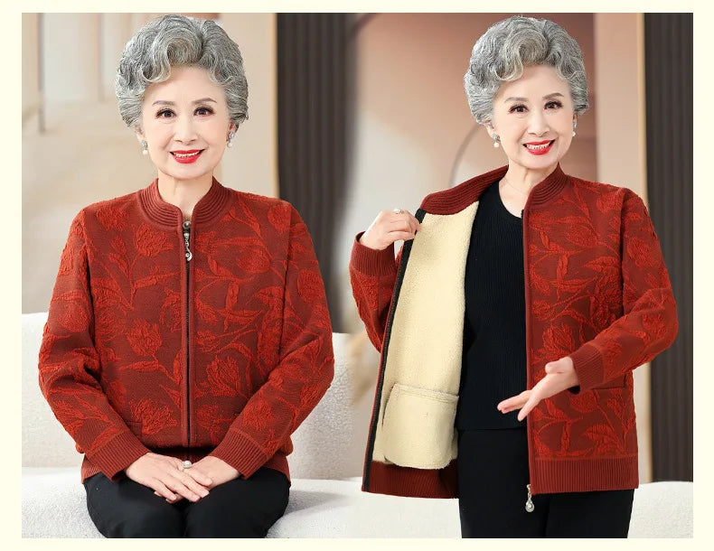 Plus Size Frauen drucken Strickjacke Mantel mittleren Alters Mutter schlanke Pullover Jacke Oma Winter Plüsch warme Kleidung