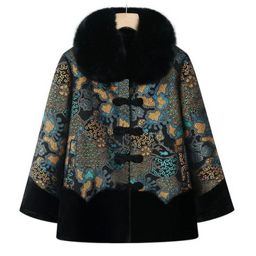 Chinesischer Stil, floraler, mit Fleece gefütterter Mantel für ältere Frauen, Kunstpelzkragen, Tang-Anzug, warme Winter-Oma-Oberbekleidung