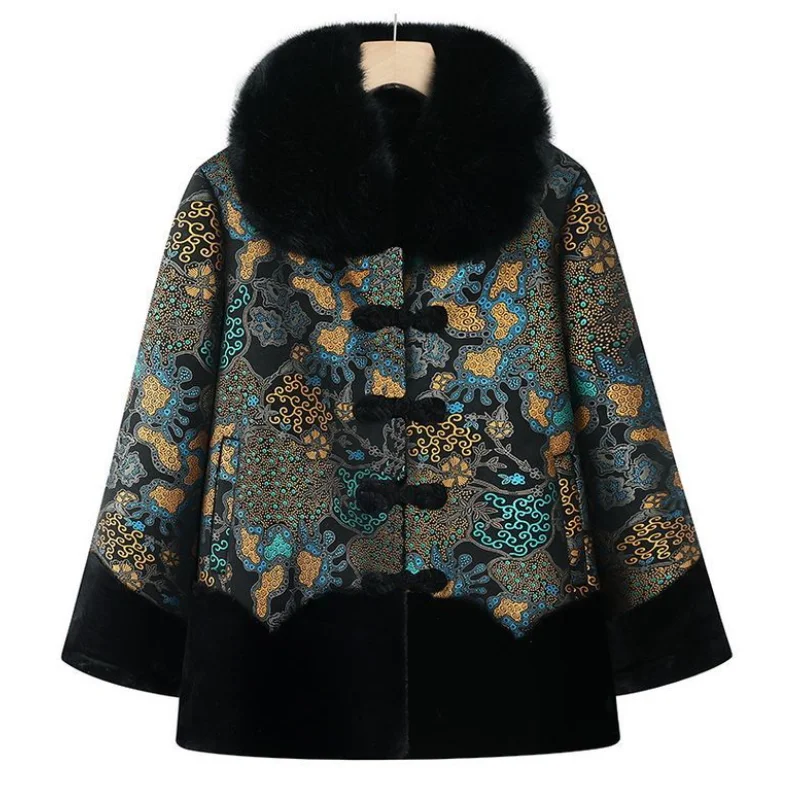 Chinesischer Stil, floraler, mit Fleece gefütterter Mantel für ältere Frauen, Kunstpelzkragen, Tang-Anzug, warme Winter-Oma-Oberbekleidung