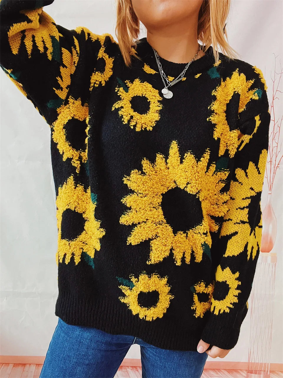 Damen Herbst Pullover Damen Mode Rundhalspullover mit Blumendruck, vielseitig einsetzbar für Herbst und Winter Herbst Pullover Damen