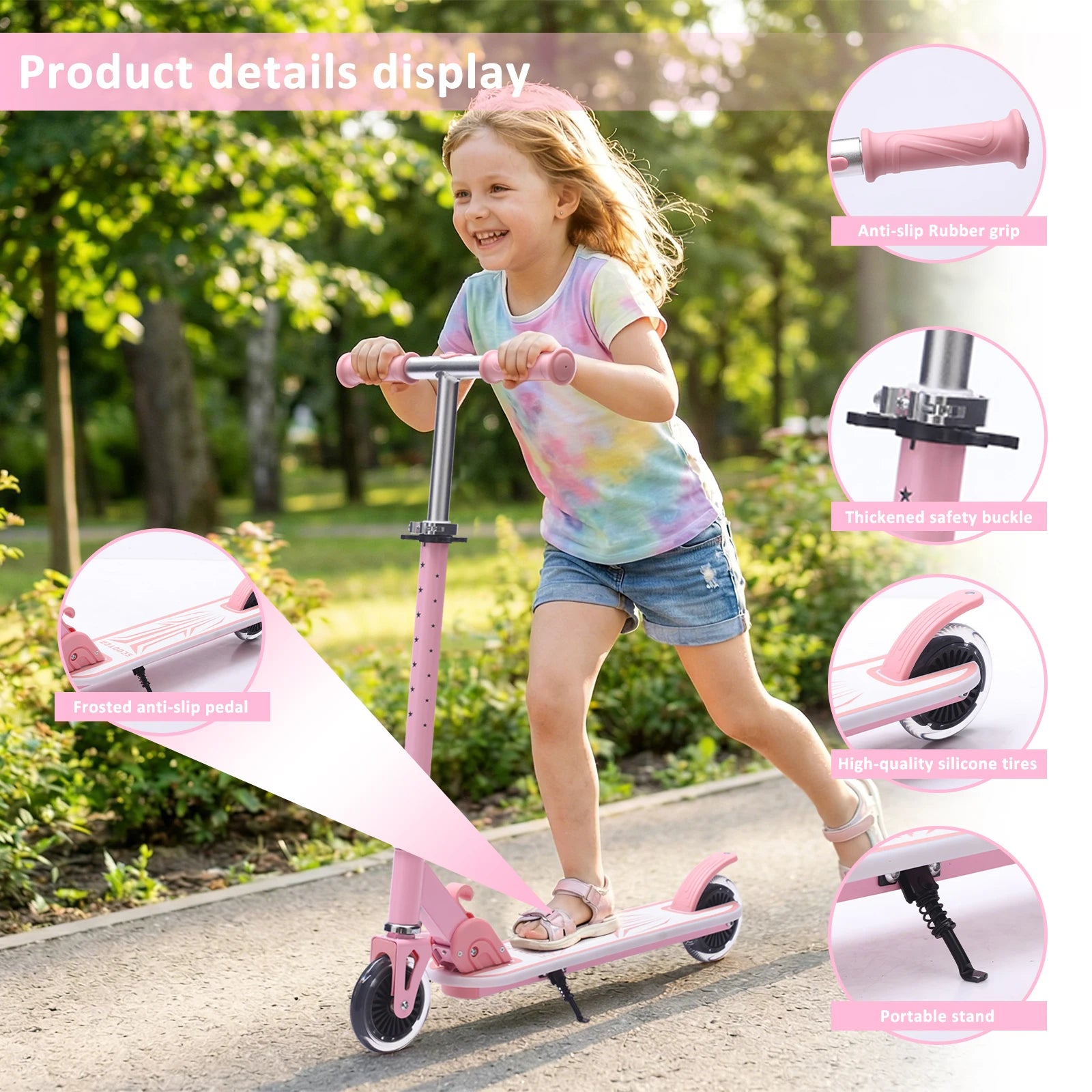 Kinderroller mit Ein-Klick-Faltmechanismus, 4-fach verstellbarer Lenker 75-90cm, Hinterradbremse, bunte Leuchträder & Pedale, 4,34-Zoll-Reifen