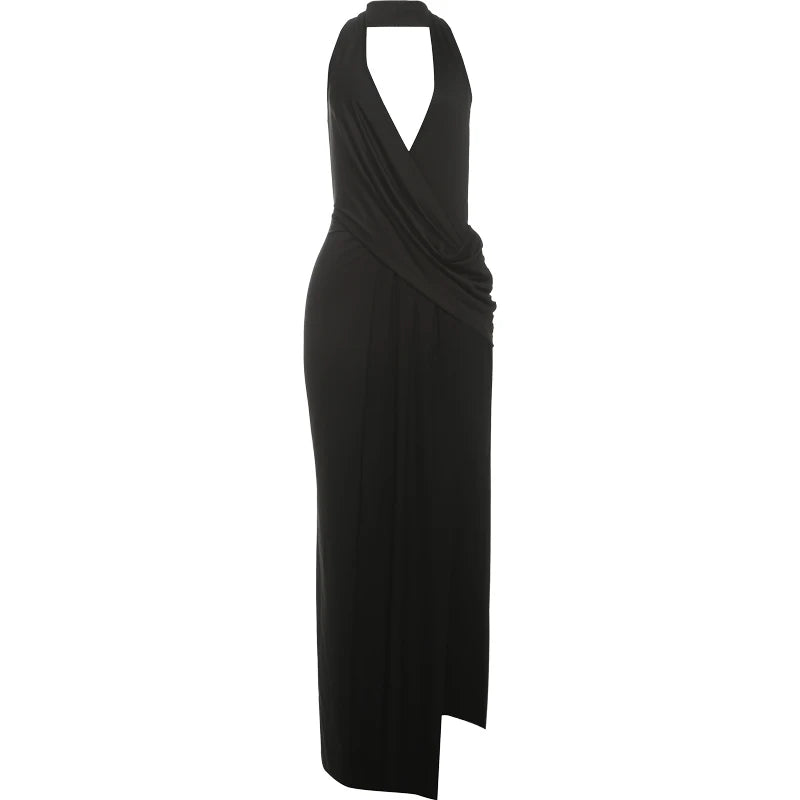 Sisterlinda Sexy High Splits Langes Kleid Frauen Halter Tiefem V-ausschnitt Backless Ärmellose Sommer Pool Party Geraffte Elegante Vestidos