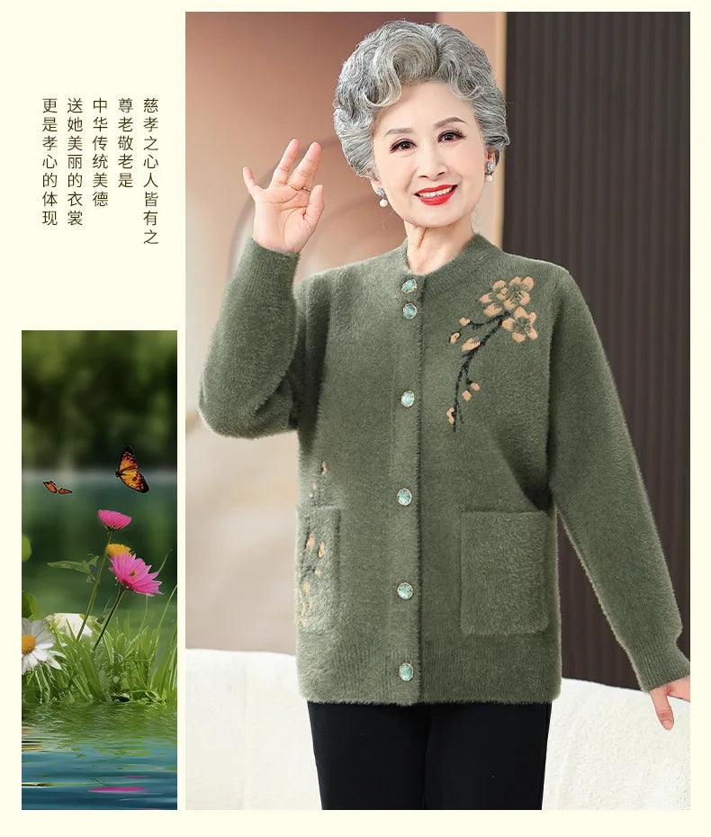 Oma Dicke Warme Nerz Samt Pullover Top Winter Mittleren Alters Mutter Draußen Tragen Strickjacke Jacke Vintage Frauen Gestrickte Mantel