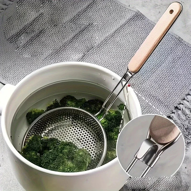 Edelstahl-Sieb mit Holzgriff – feinmaschiger Skimmerlöffel zum Kochen, Lebensmittelzubereitung, Fettfilterung für Nudelnudeln
