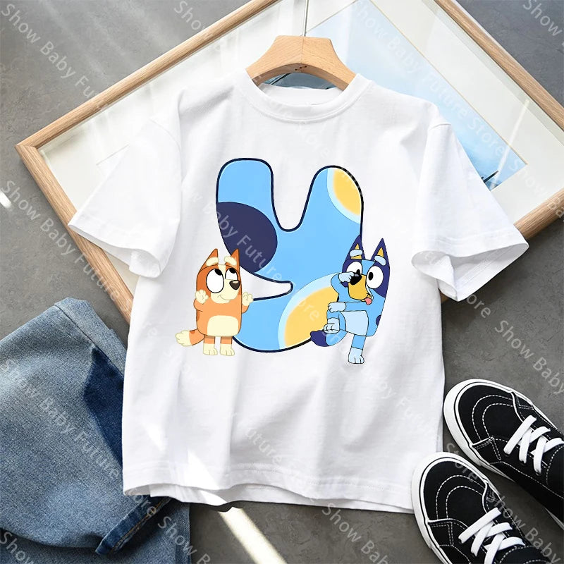 Blueys T-Shirt für Jungen und Mädchen, Cartoon-Buchstaben A-Z, Namenskleidung, Oberteile, Sommer, atmungsaktiv, niedliches Anime-Kurzarmshirt, neue Geburtstagsgeschenke