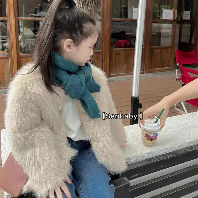 Gefälschte Pelz Mädchen Jacke Herbst Winter Neue Einfarbig Dicke Warm Halten Einreiher Mantel Für 3-10 Jahre mädchen Mode Oberbekleidung