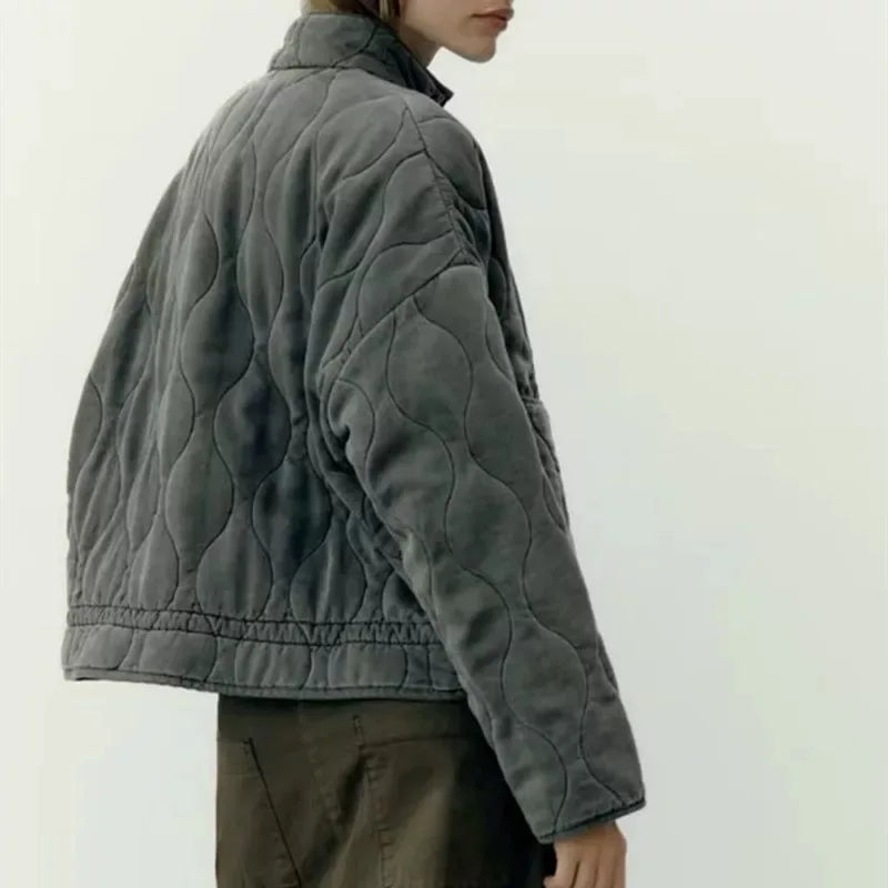 Damen Polyester Gefütterte Jacke 2026 Neuerscheinung Vintage Lenzing Rayon Hochkragen Große Tasche Dekorativer Gesteppter Mantel für Frauen