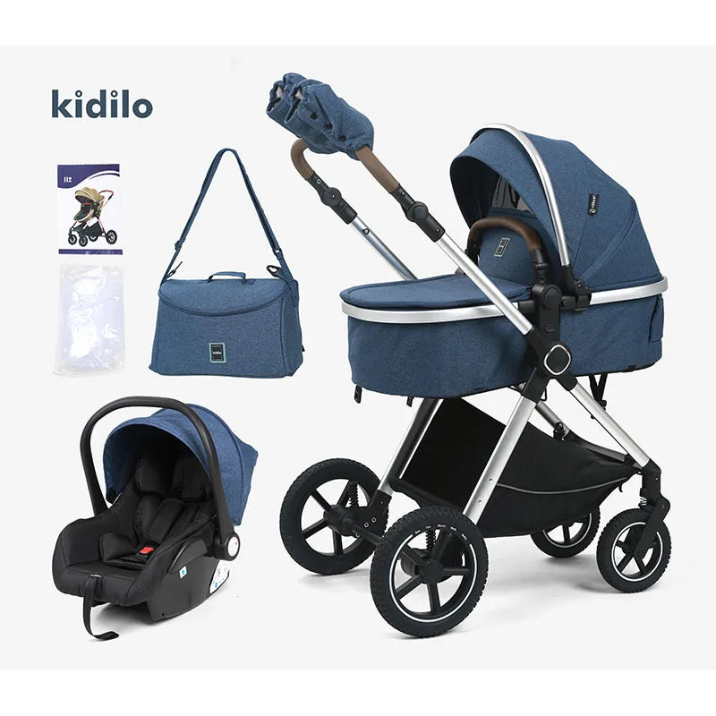 Drei-in-eins-Kinderwagen mit hoher Sicht und Autositz, Mamatasche, Kinderwagen zum Sitzen und Liegen, tragbarer Kinderwagen