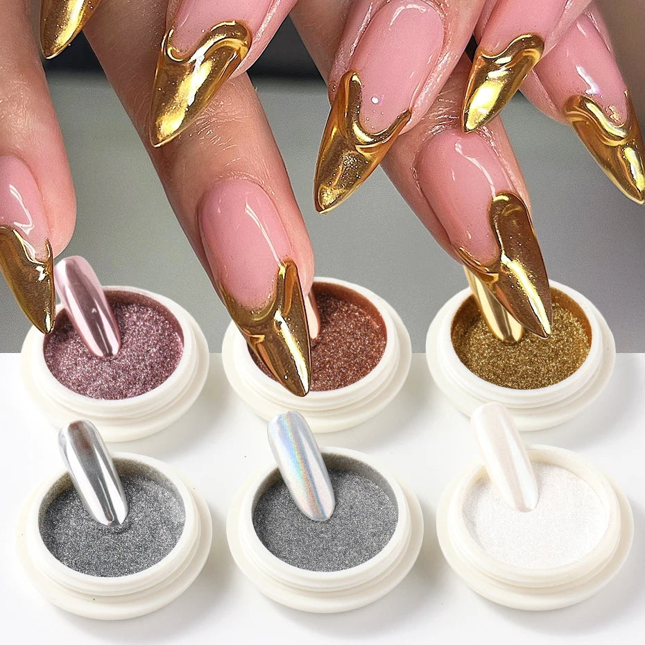 6 Stück Chrom-Spiegel Weißes Nagelpulver Pigment Gold Silber Reibpulver Holographisches Aurora Schillerndes Metallisches Nagelkunst-Dekorationspulver