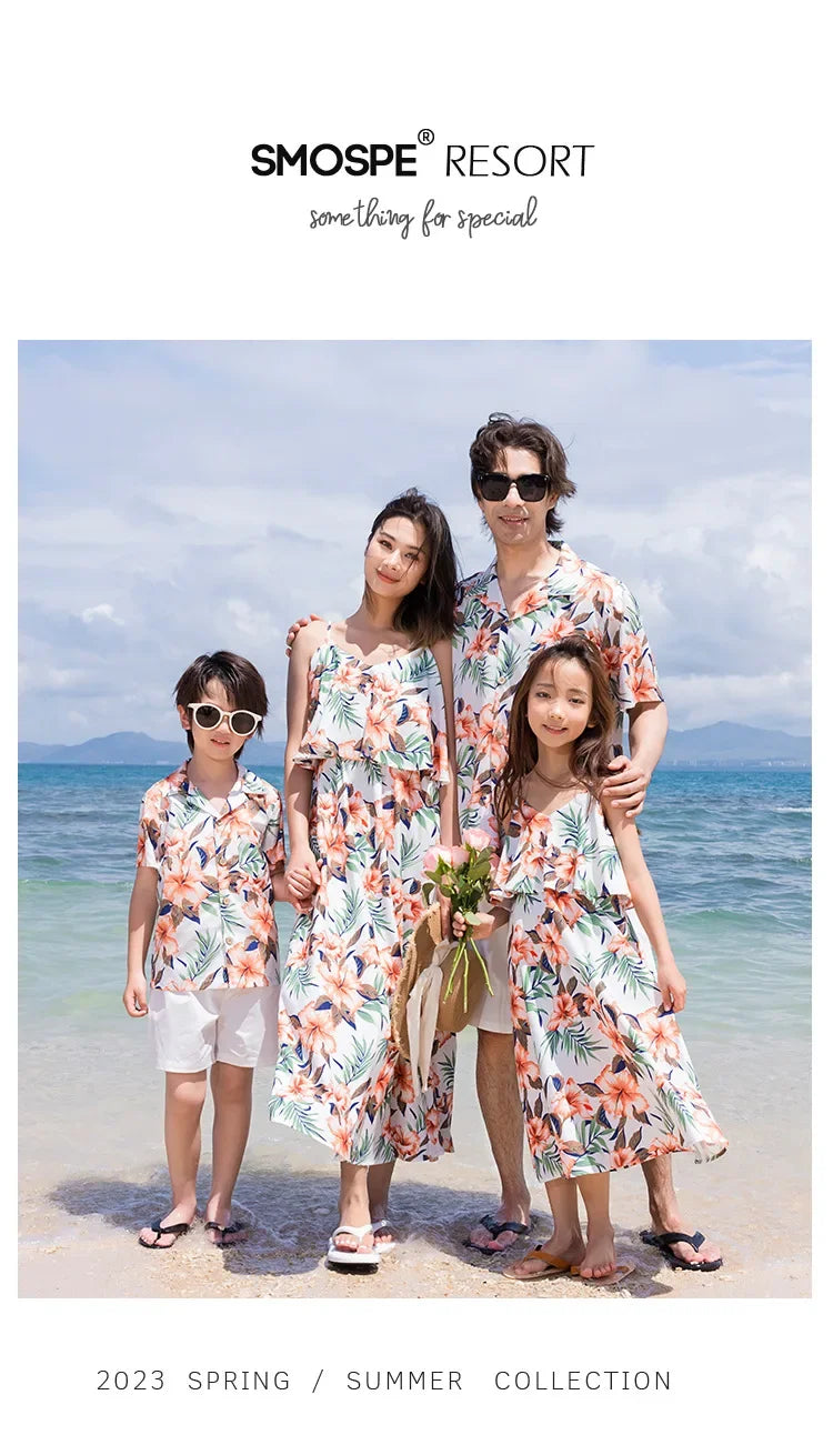 Family Look Vacation Beachwear Mother Daughter Sleeveless Dress Dad Son Matching Floral Shirt Set Parent-Child Holiday Outfits