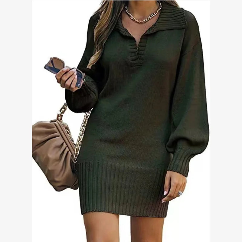 Kleider Damen Herbst Einfarbig Revers Lange Ärmel Einfarbig frauen Büro Pendeln Kleid Roupas Para Festa A Noite Feminina