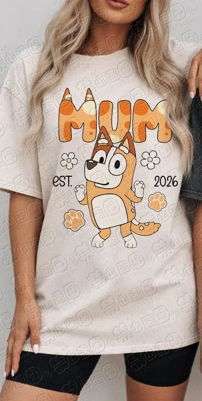 2026 Bluey Familien-Shirts, Cartoon Blauer Hund Mama Papa Partnerlook T-Shirts, Cooler Cartoon-Druck, Lässige Eltern-Kind Atmungsaktive T-Shirts