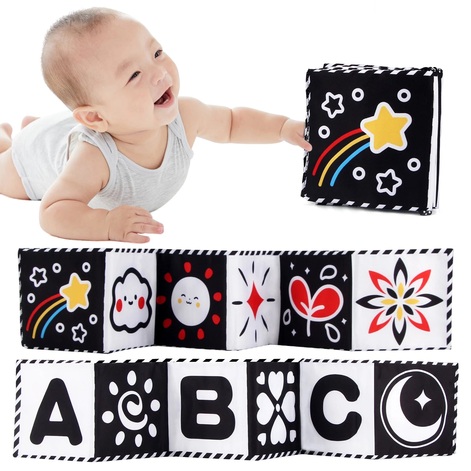 Baby Stoffbuch Hochkontrast-Babyspielzeug 0M+ Neugeborenen-Krippenspielzeug Schwarz-Weiß Tier-Sensorik-Stoffbücher Montessori-Spielzeug