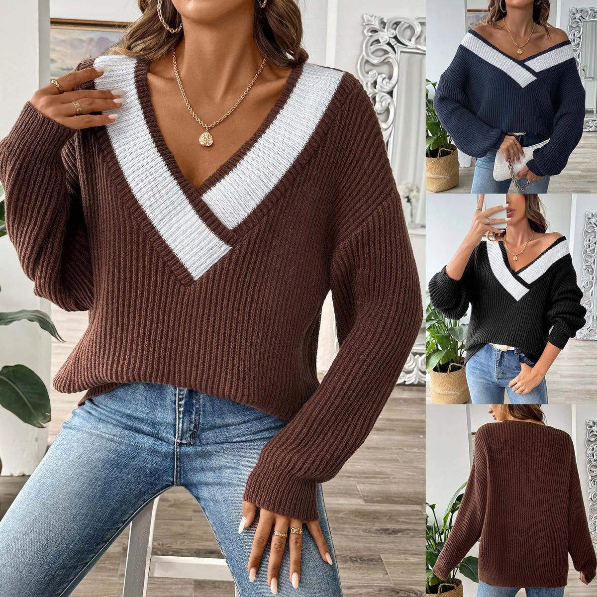 Frauen Invierno Pull Automne Femme Modische V-ausschnitt Lange ärmeln Lose Einfarbig Spleißen Pullover Pullover Herbst Modus Damen