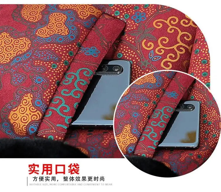 Chinesischer Stil, floraler, mit Fleece gefütterter Mantel für ältere Frauen, Kunstpelzkragen, Tang-Anzug, warme Winter-Oma-Oberbekleidung
