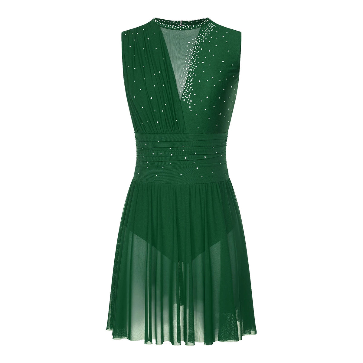 Damen-Ballettkleid mit Rüschen, lyrisches Tanzkleid, runder Kragen, ärmellos, Strass, rückenfrei, für Bühnenauftritte, Wettbewerb