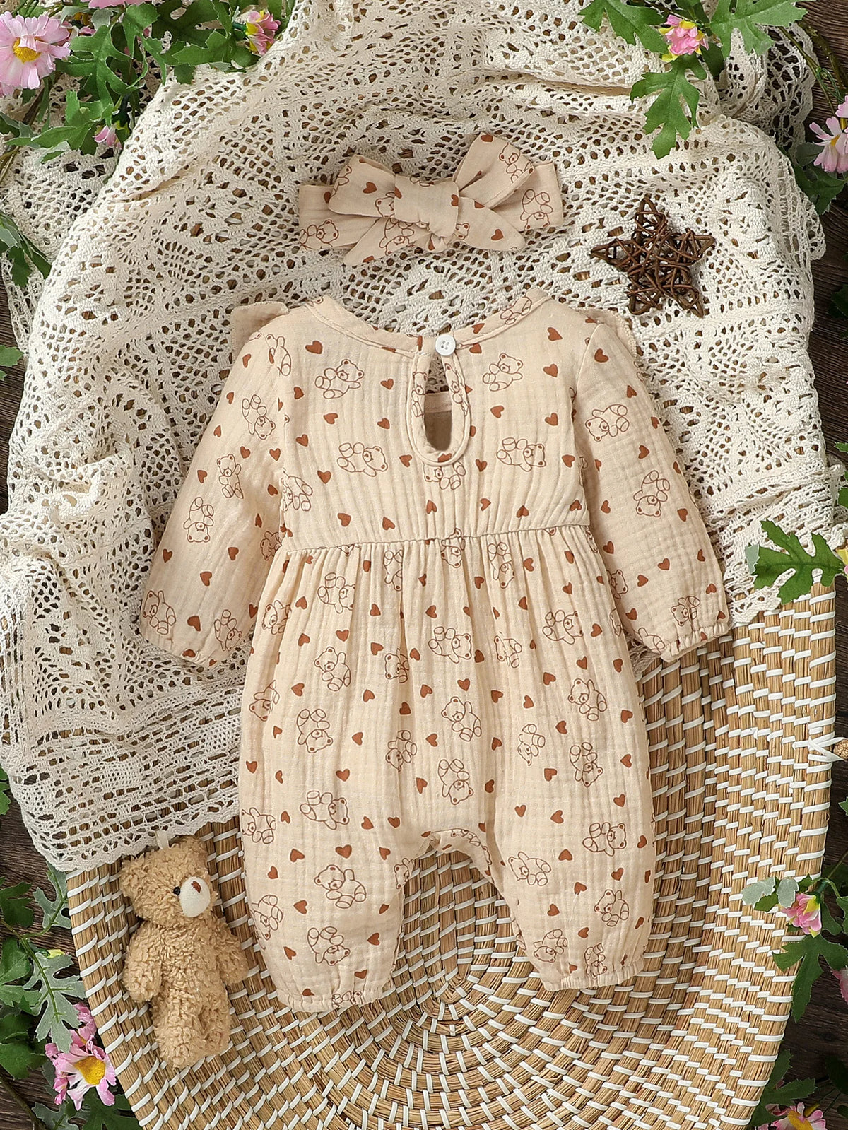 Baby-Mädchen-Overall für alle Jahreszeiten, langärmelig, mit Blumenmuster und Schleife, täglicher Overall für Neugeborene, 6 Monate Kleidung + Stirnband