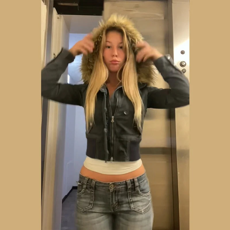 Braune Damen Slim Fit Vintage Pelzkragen Jacke Reißverschluss Kpop Y2K High Street Chic Oberbekleidung für Frauen Teenager, Herbst Winter Geschenk