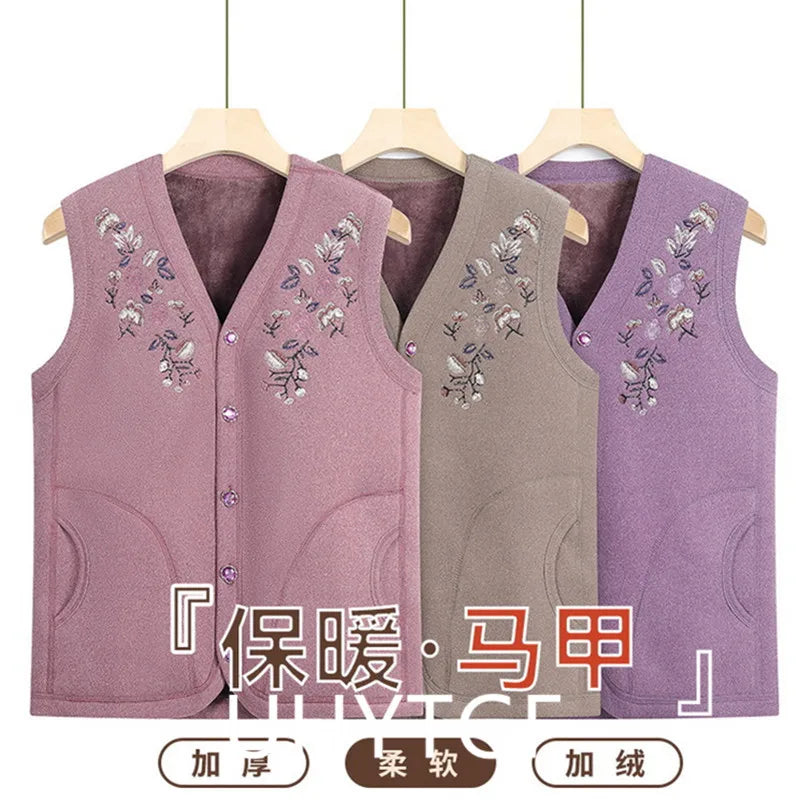 Oma Herbst Winter Weste Frau Stickerei Einreiher Plüsch Warme Ärmellose Jacke Weibliche Casual Weste Mantel 4XL 2925