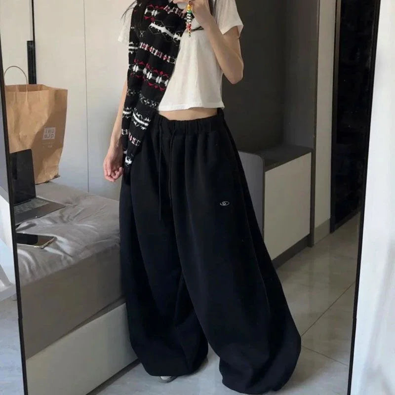 Amerikanischen Retro Hip-Hop Übergroßen Frau Schwarz Casual Jogginghose Koreanische Streetwear Lose Jogging Hosen Hohe Taille Breite Bein Hosen