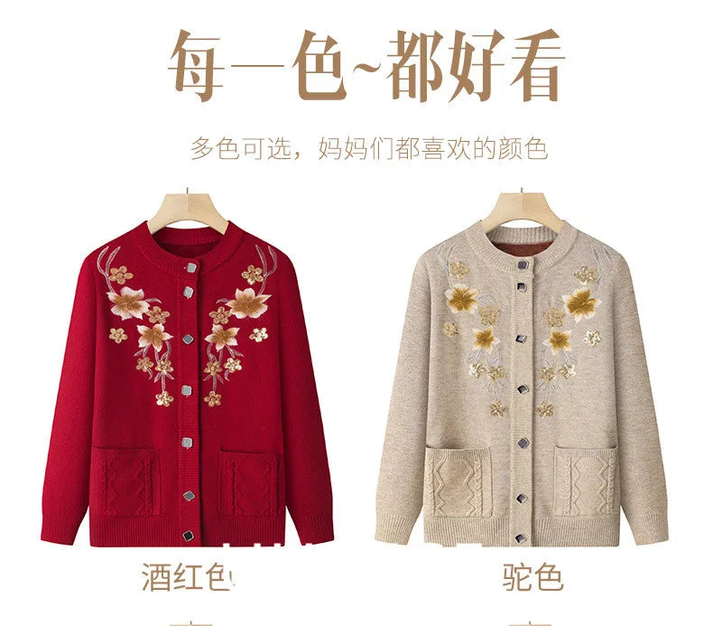 Herbst Winter warme Pullover Jacke Damen Print mittleren Alters Mutter Strickjacke Oma plus Samt Strickjacke Mantel weiblich 2915