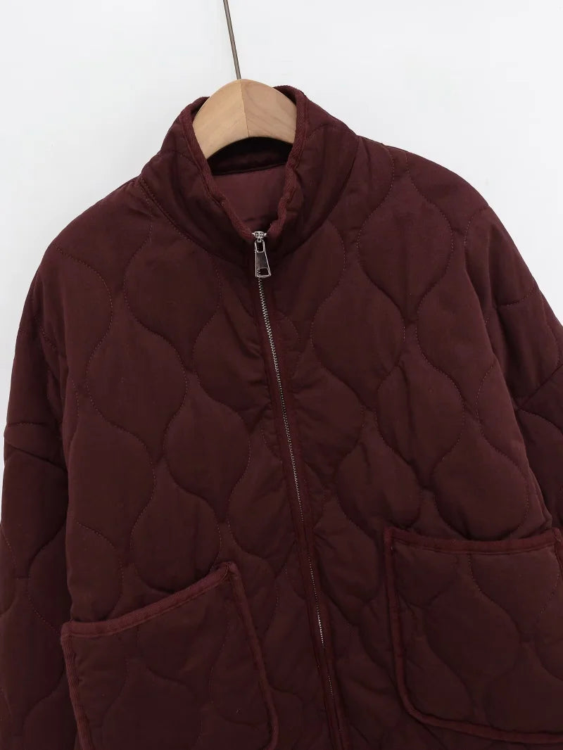 Damen Polyester Gefütterte Jacke 2026 Neuerscheinung Vintage Lenzing Rayon Hochkragen Große Tasche Dekorativer Gesteppter Mantel für Frauen