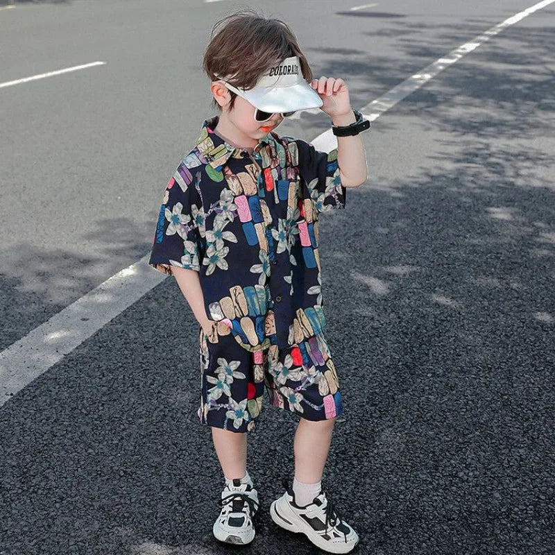 Bedrucktes Hemd, koreanische Kleidung, Kinder-Oberteil, Kinder ab 8–12 Jahren, Sommeranzug für Jungen, Kinder, Jungen, Kleidungsset, 4-altes Kostüm 7