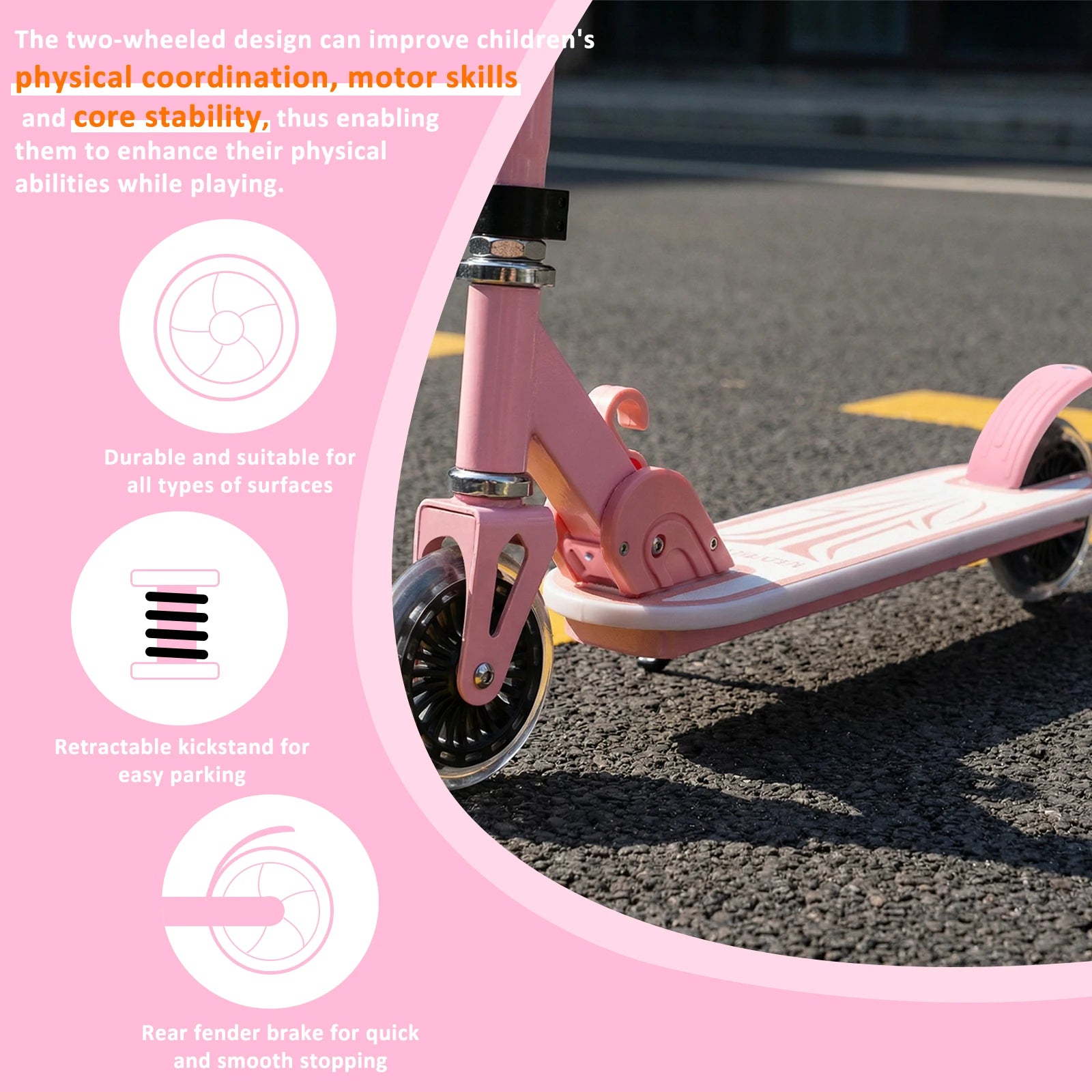 Kinderroller mit Ein-Klick-Faltmechanismus, 4-fach verstellbarer Lenker 75-90cm, Hinterradbremse, bunte Leuchträder & Pedale, 4,34-Zoll-Reifen
