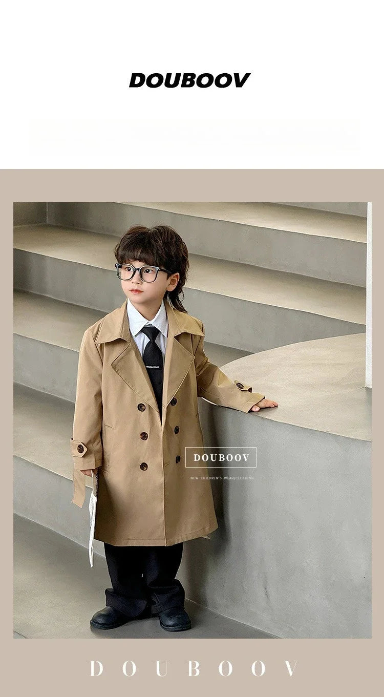 Teenager-Schultrenchcoat, Langer Stylischer Windbreaker für Jungen, Britischer Retro-Herbst-Winter-Mantel 2026, Modische Oberbekleidung für Kinder