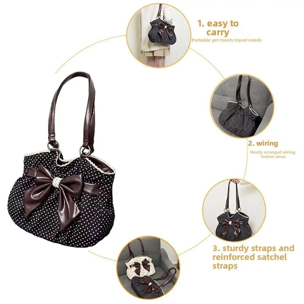 Trendy Vintage Damen Schleife Handtasche Ästhetische Dot Casual Chic Lady Schultertaschen Y2k All Match Ins Unterarmtasche Streetwear