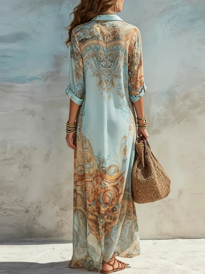 Elegantes Hemdkleid für Damen, Chiffon, Digitaldruck, Umlegekragen, einreihig, fließend, lässig, Boho, Sommerkleidung