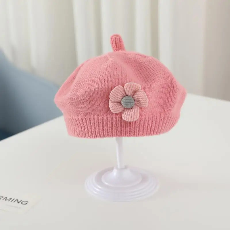 Blume Baby Baskenmütze Hut Winter Warme Gestrickte Beanie Cap für Kleinkind Mädchen Koreanische Kleinkind Prinzessin Künstler Einfarbig Maler Kappen