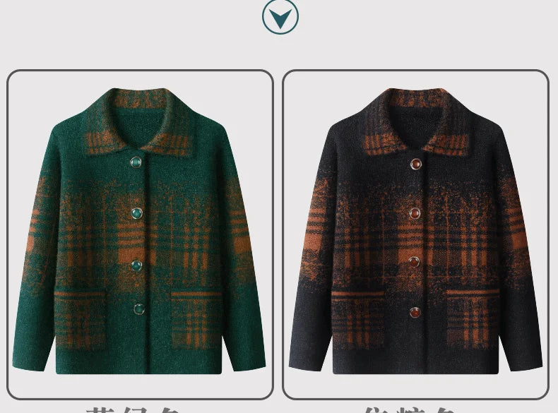 Strickjacke für Ältere Frauen mit Umlegekragen, Karomuster, Dick, Warm, mit Knöpfen, Wintermantel für Mütter und Großmütter