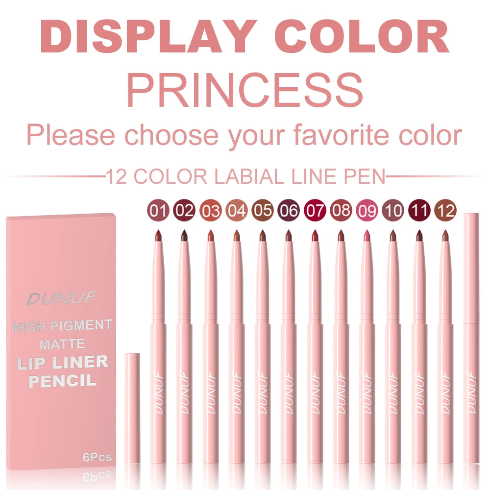 6-teiliges Lipliner-Stift-Set, langlebig, wasserdicht, schweißfest, einfaches Färben, lichtecht, Farbwiedergabe, Lipgloss-Set, Schönheits-Make-up