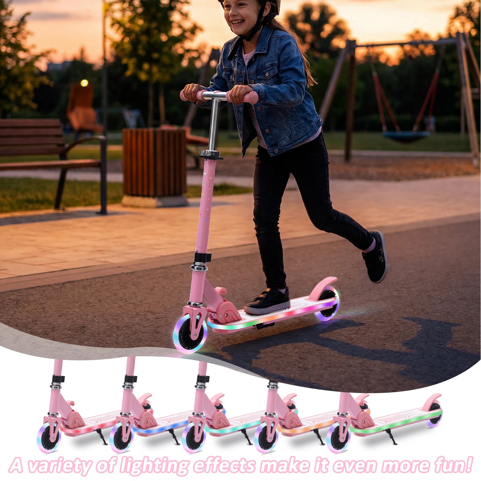 Kinderroller mit Ein-Klick-Faltmechanismus, 4-fach verstellbarer Lenker 75-90cm, Hinterradbremse, bunte Leuchträder & Pedale, 4,34-Zoll-Reifen