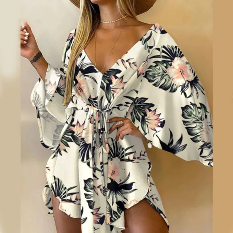 Frauen Print Kleid Sexy V-ausschnitt Fledermaus Ärmel Rüschen Blumen Drucken Böhmischen Strand Sommerkleid Damen Lose Sommer Urlaub Mini Kleider