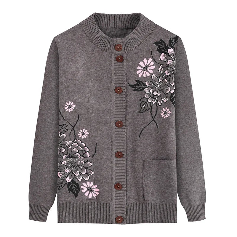 Neue Druck Mittleren Alters Mutter der Frühling Herbst Langarm Pullover Frauen Gestrickte Bodenbildung Shirt Wolle Winter Oma Strickjacke