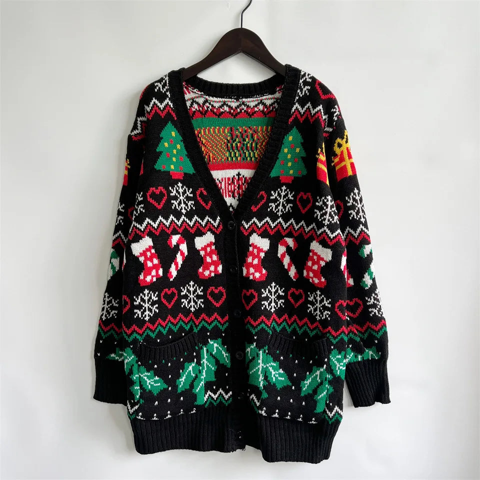 Frauen Herbst Modus 2025 Weihnachten Themed Gedruckt Strickjacke Mit Knöpfen V-ausschnitt Mit Langen ärmeln Pullover Strickjacke Mujer Abbigliamento Donna