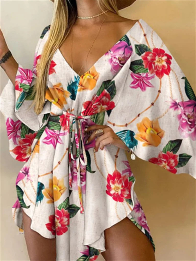 Frauen Print Kleid Sexy V-ausschnitt Fledermaus Ärmel Rüschen Blumen Drucken Böhmischen Strand Sommerkleid Damen Lose Sommer Urlaub Mini Kleider
