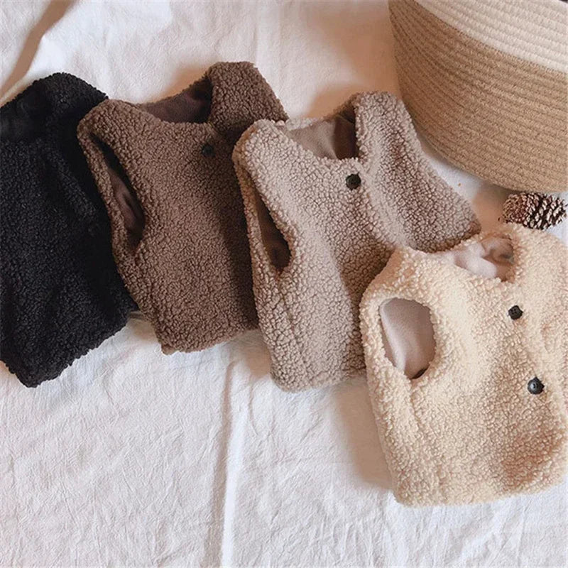 Herbst Winter Baby Lamm Wolle Plus Samt Weste Mädchen Jungen Plüsch Weste Einreiher V-ausschnitt Kind Warme Mode Warme Mantel
