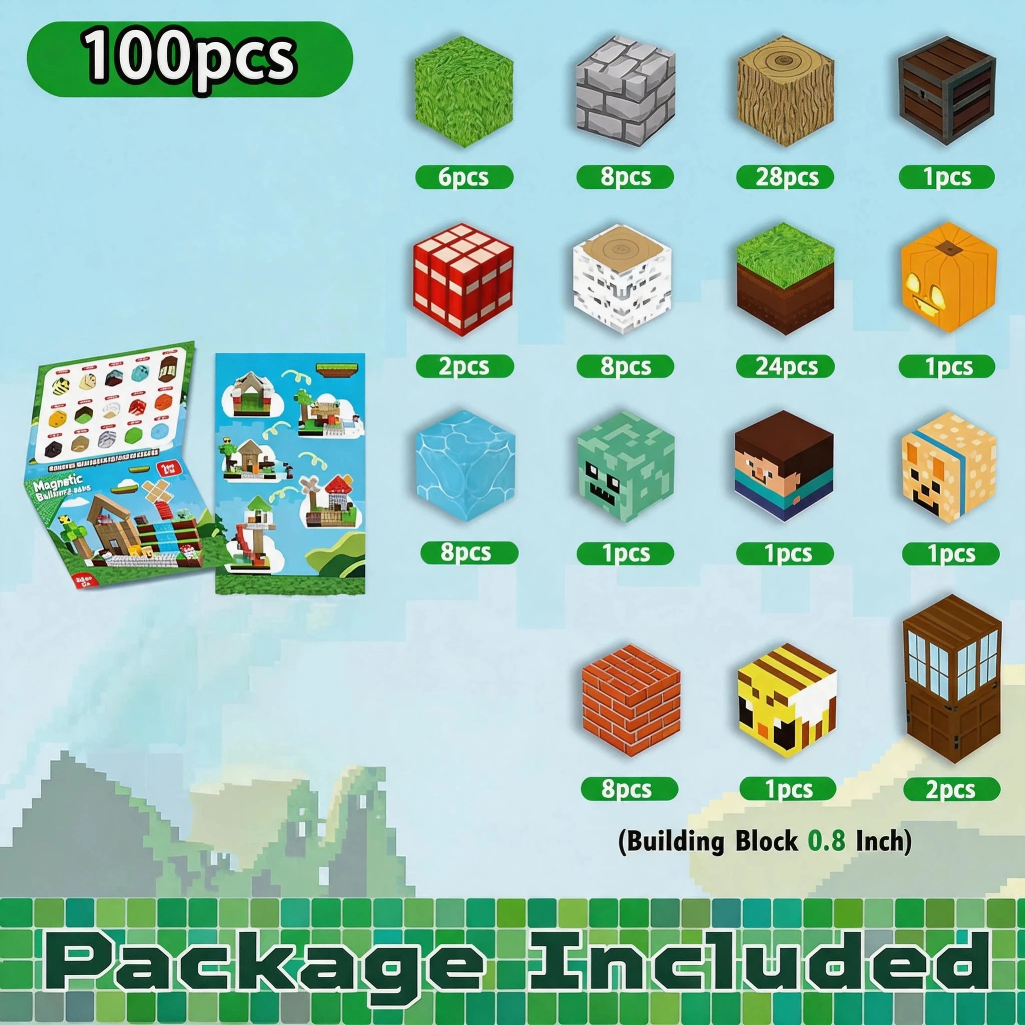 Pixel Mining Magnetisches Waldhaus-Würfel-Baustein-Set, STEM Lernspielzeug, Bestes Geschenk für Kinder ab 3 Jahren, 100 Teile