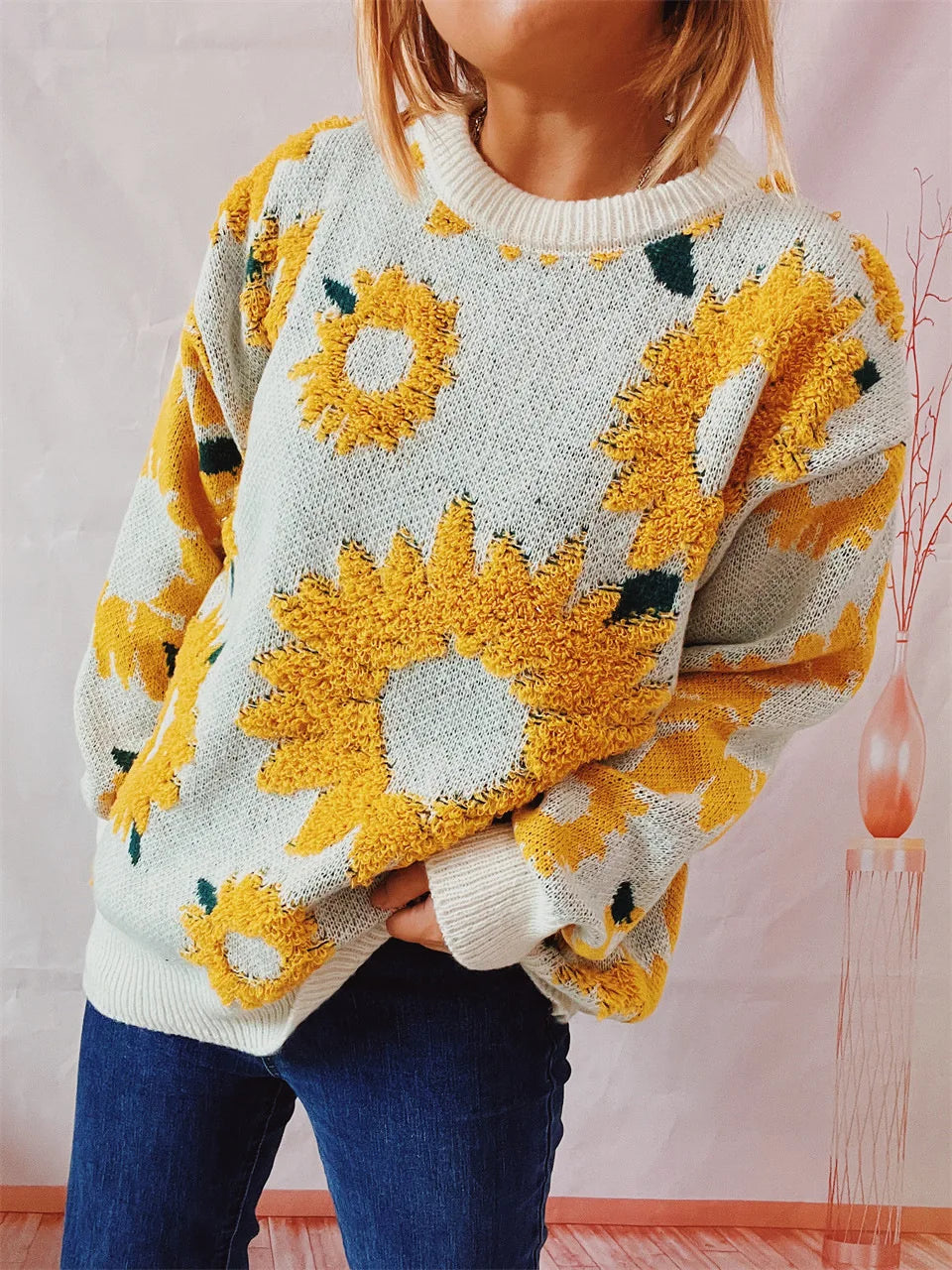 Damen Herbst Pullover Damen Mode Rundhalspullover mit Blumendruck, vielseitig einsetzbar für Herbst und Winter Herbst Pullover Damen