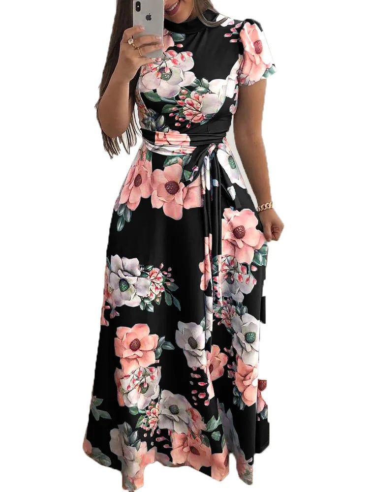 Damen-Kleider, schmal, lässig, langärmelig, Rundhalsausschnitt, Blumenmuster, Kleid, Träger, bodenlang, langer Rock, Damenbekleidung