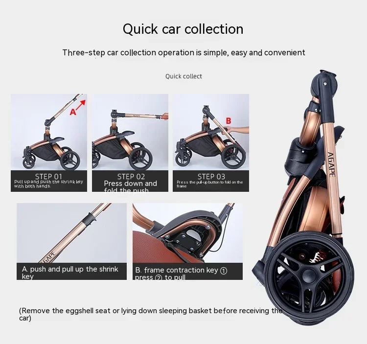 Kinderwagen 3in1 mit abnehmbarem Korb im Autositz. Hochformatige Eierschale aus PU-Leder, Babywagen, Luxuswagen für Babyautos